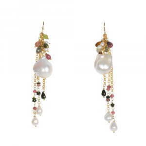 orecchini con perle barocche, tormaline e catena pendente con inserti in tormaline